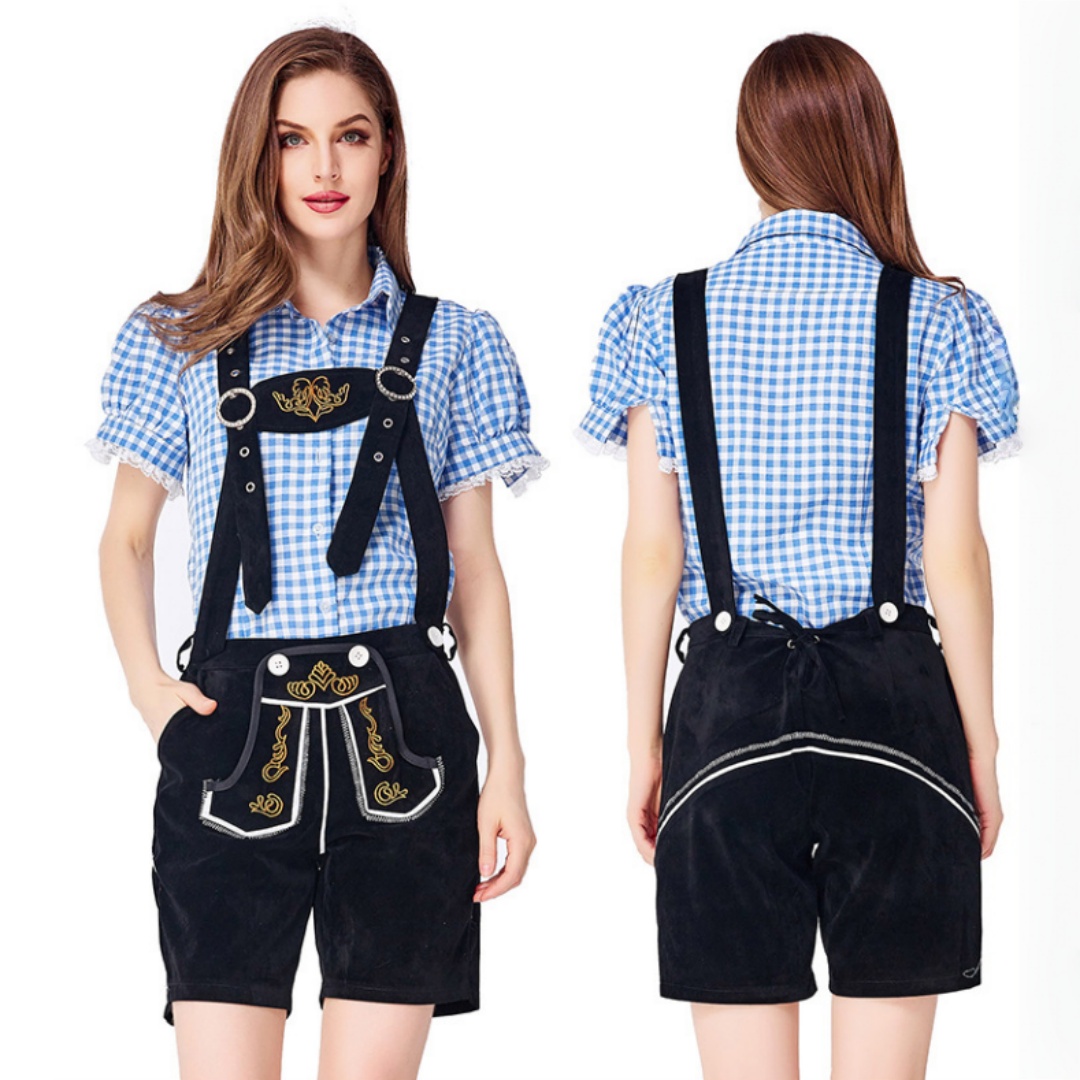 Womens Oktoberfest Outfit Embroidered Blouse with Lederhosen Shorts